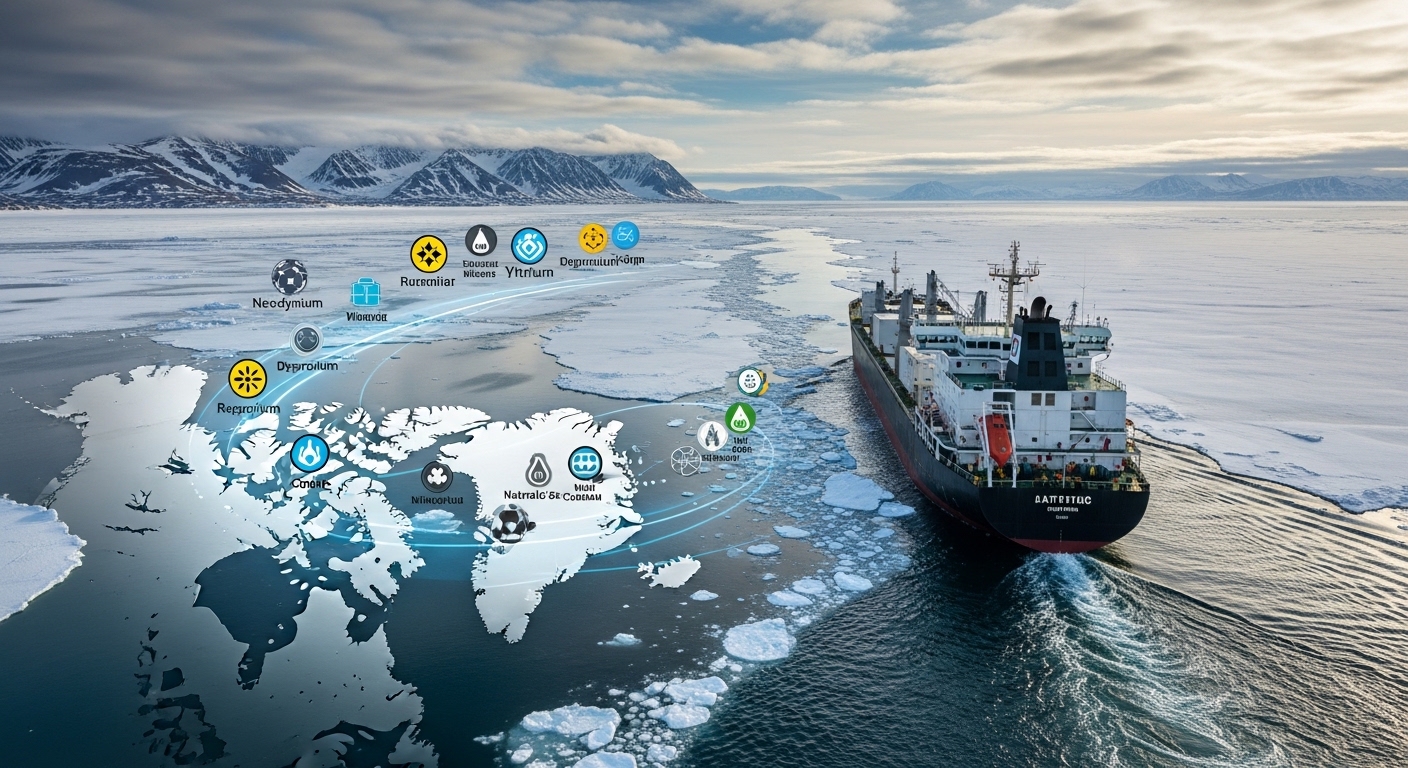 부분적으로 얼음이 녹은 북극해 항로를 항해하는 현대적인 화물선, 멀리 보이는 그린란드, 그리고 희귀 광물 및 전략 자원 기호가 북극 항로 지도 위에 겹쳐진 모습.