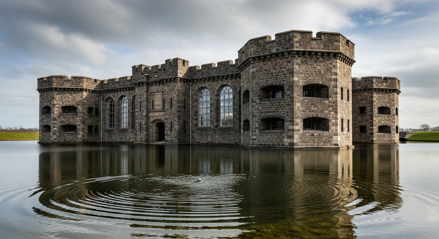경제적 해자를 상징하는 견고한 요새와 물 해자