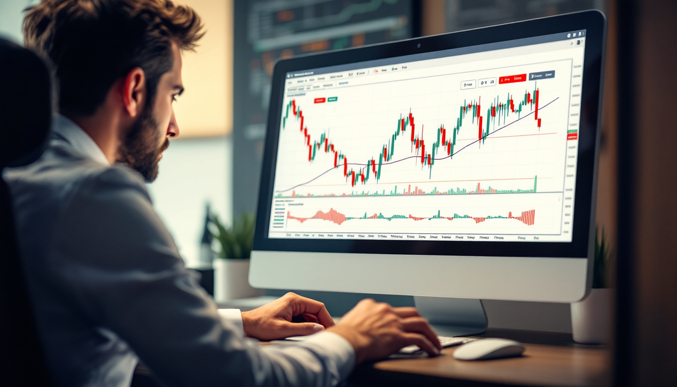 주식 시장의 복잡한 차트를 분석하며 매수 매도 타이밍을 잡으려는 투자자의 모습