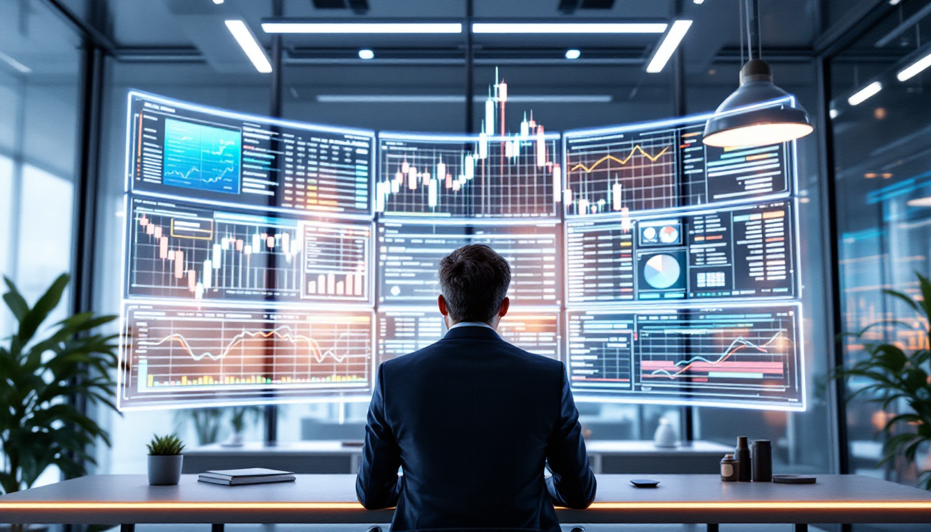 주식 차트와 AI 분석 도구가 보이는 여러 화면 앞에서 데이터를 분석하는 투자 전문가의 모습