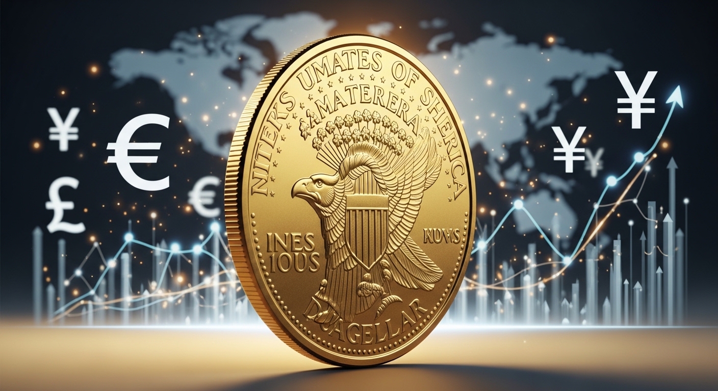 전 세계 통화 속에서 우뚝 선 미국 달러 동전이 글로벌 금융의 중요성을 상징하는 이미지