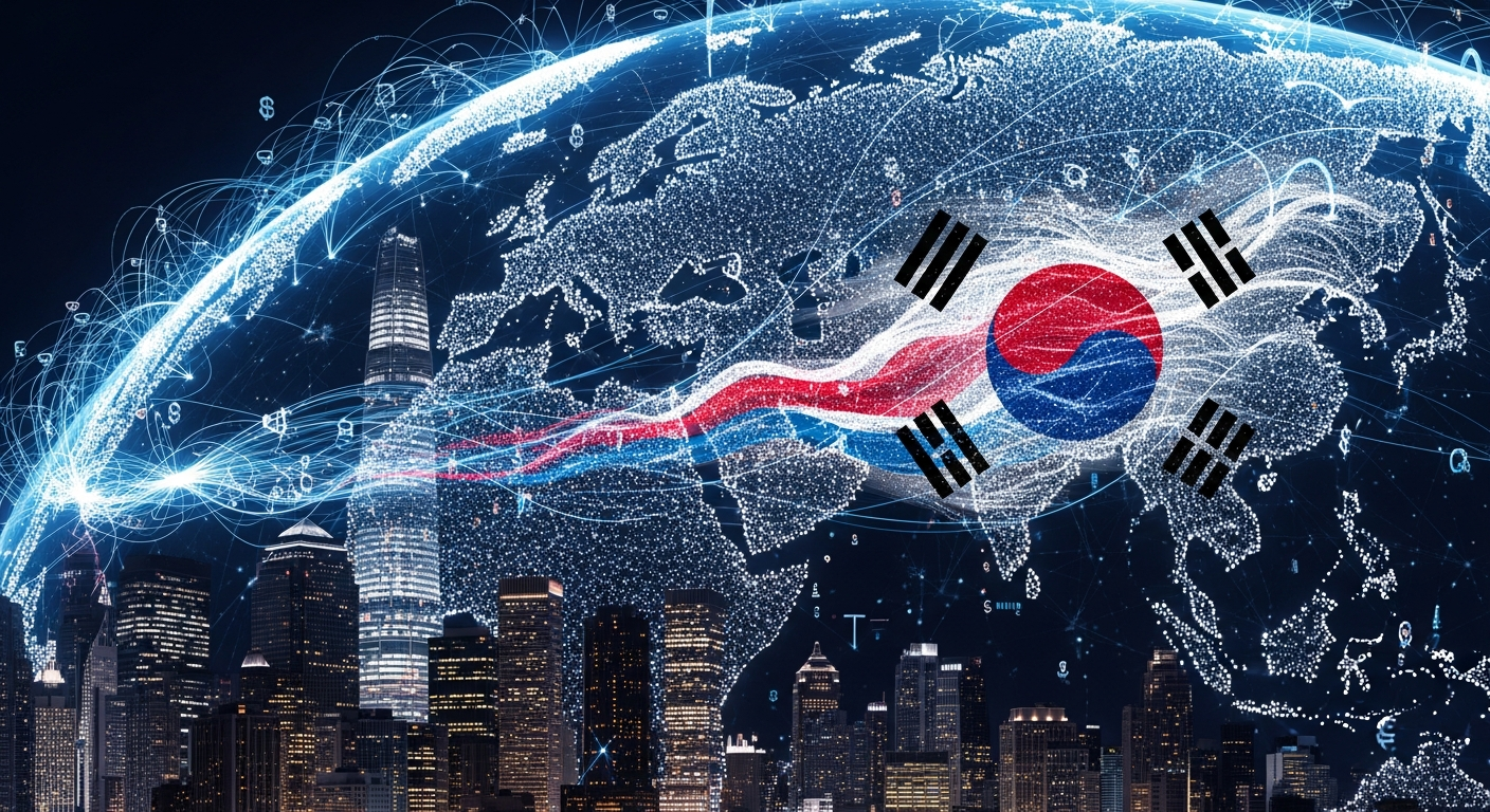 세계 금융 허브들을 연결하는 디지털 네트워크와 태극기 이미지를 통해 국부펀드의 글로벌한 역할을 시각적으로 표현한 이미지.