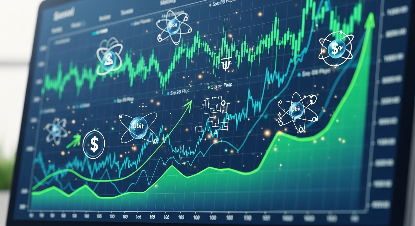 JP모건의 투자 발표 이후 양자컴퓨팅 관련 기업들의 주가 상승과 시장 반응을 나타내는 이미지.