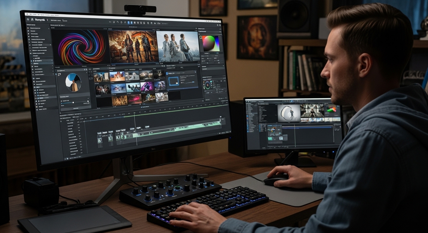 전문 비디오 편집자 또는 그래픽 아티스트가 대형 모니터에서 RunwayML의 고급 AI 편집 도구를 사용하여 복잡한 비디오 레이어 모션 브러시 및 창의적인 효과를 표시하는 정교한 프로젝트를 세심하게 작업하여 전문가 수준의 제어 및 예술적 자유를 상징함