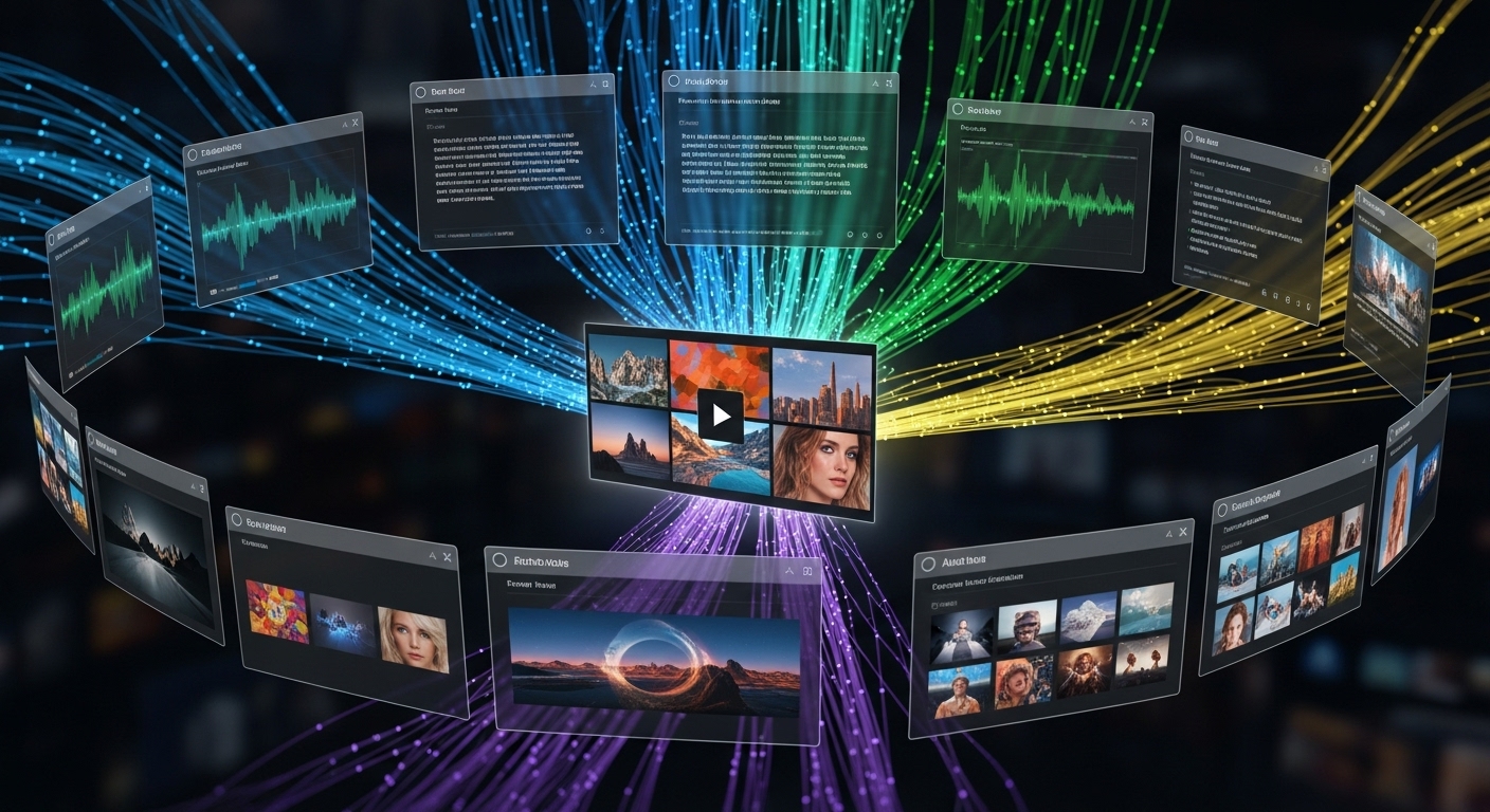 텍스트 음성 이미지 등 다양한 데이터를 통합하여 영상을 생성하는 멀티모달 AI 기술을 시각화한 모습