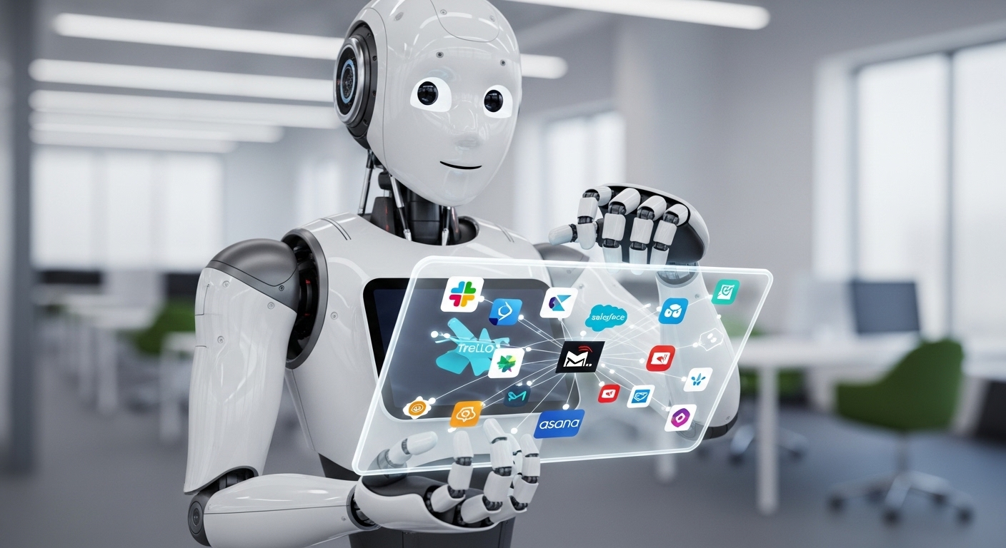 친근한 로봇이 태블릿을 사용하여 수많은 앱 로고를 쉽게 연결하며 워크플로우 자동화의 간편함을 보여주는 모습.