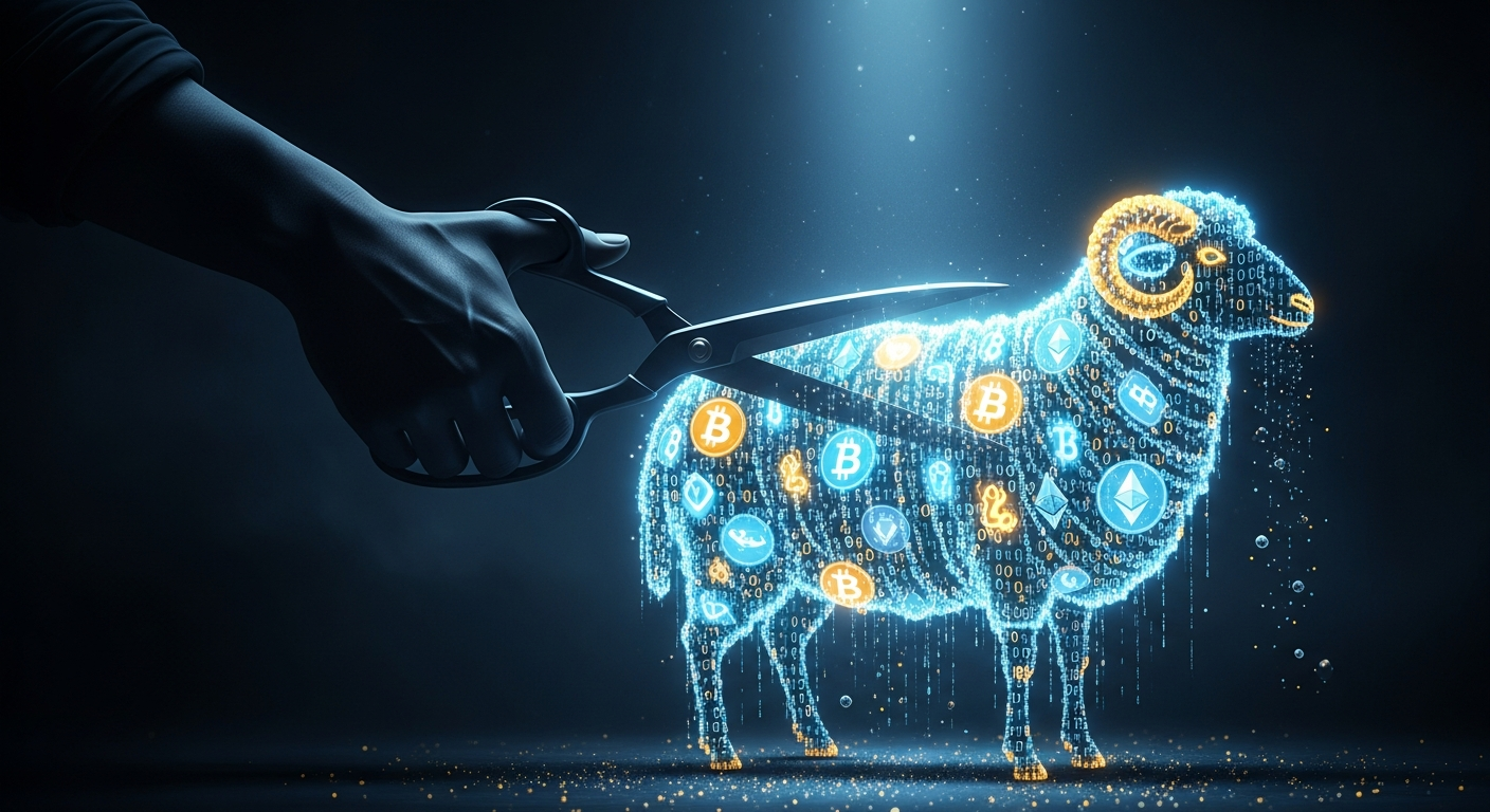 암호화폐 시장의 양털깎기를 상징하는 이미지. 거대한 그림자 손이 디지털 코드로 만들어진 양의 털을 깎고 있다.