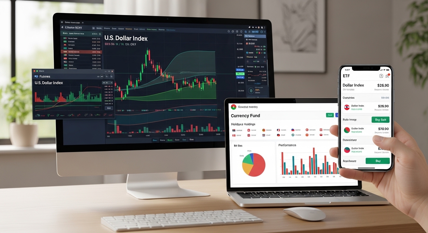 달러인덱스 ETF 선물 통화 펀드 등 다양한 투자 방법을 보여주는 디지털 금융 인터페이스 이미지