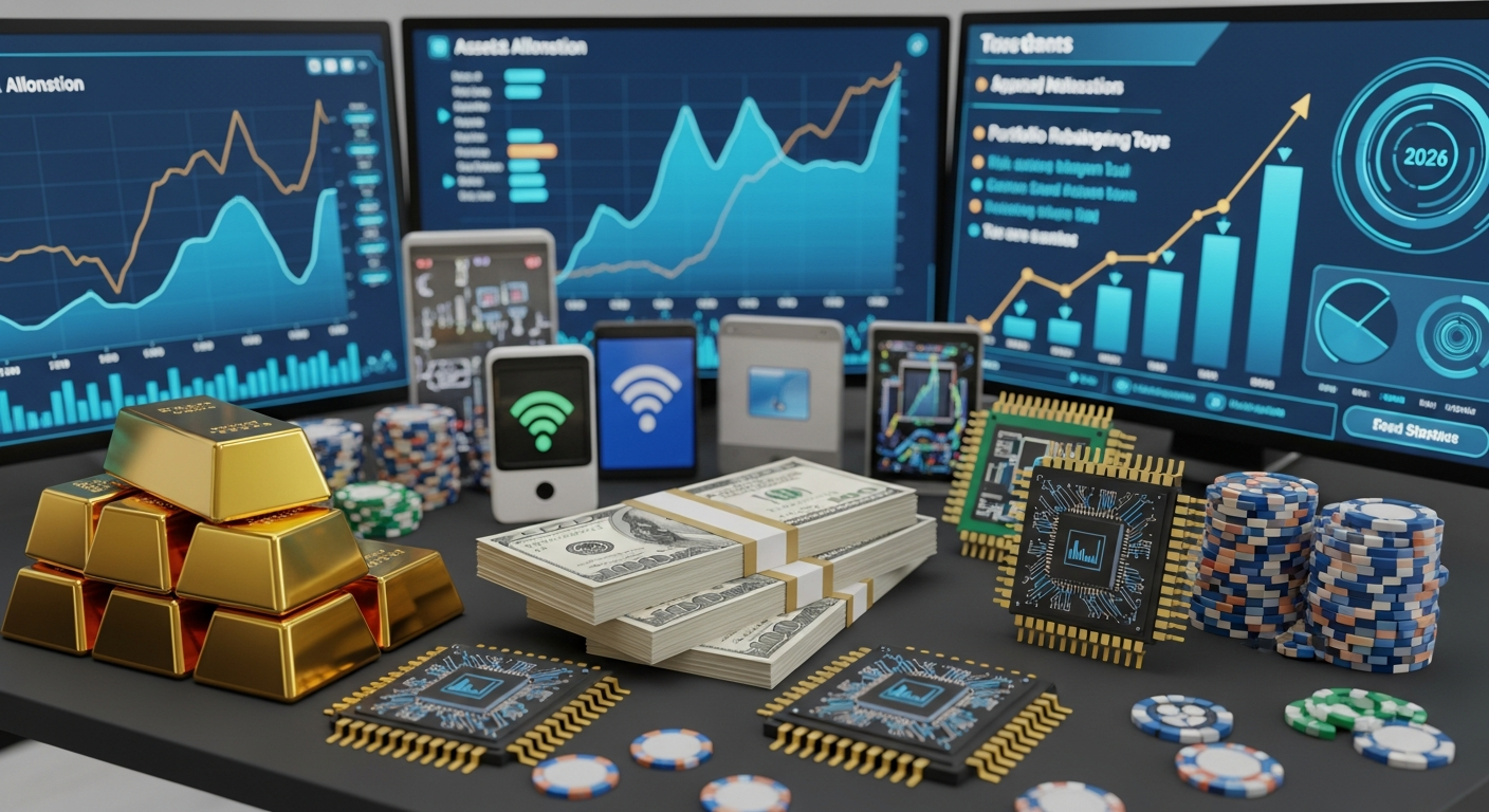 2026년 역동적인 금융 시장 전망을 보여주는 고화질 실사 이미지 금 달러 기술주 반도체 칩과 같은 다양한 투자 포트폴리오 요소가 거래 데스크에 전략적으로 배치되고 상승 추세 그래프와 미래형 인터페이스가 있는 이미지
