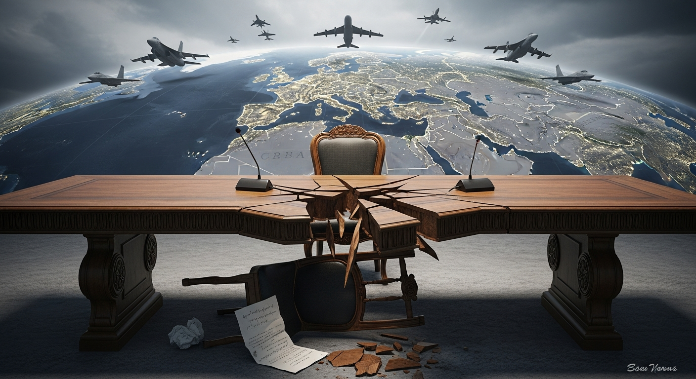 결렬된 핵협상을 상징하는 부서진 협상 테이블과 원거리 군사 항공기의 모습