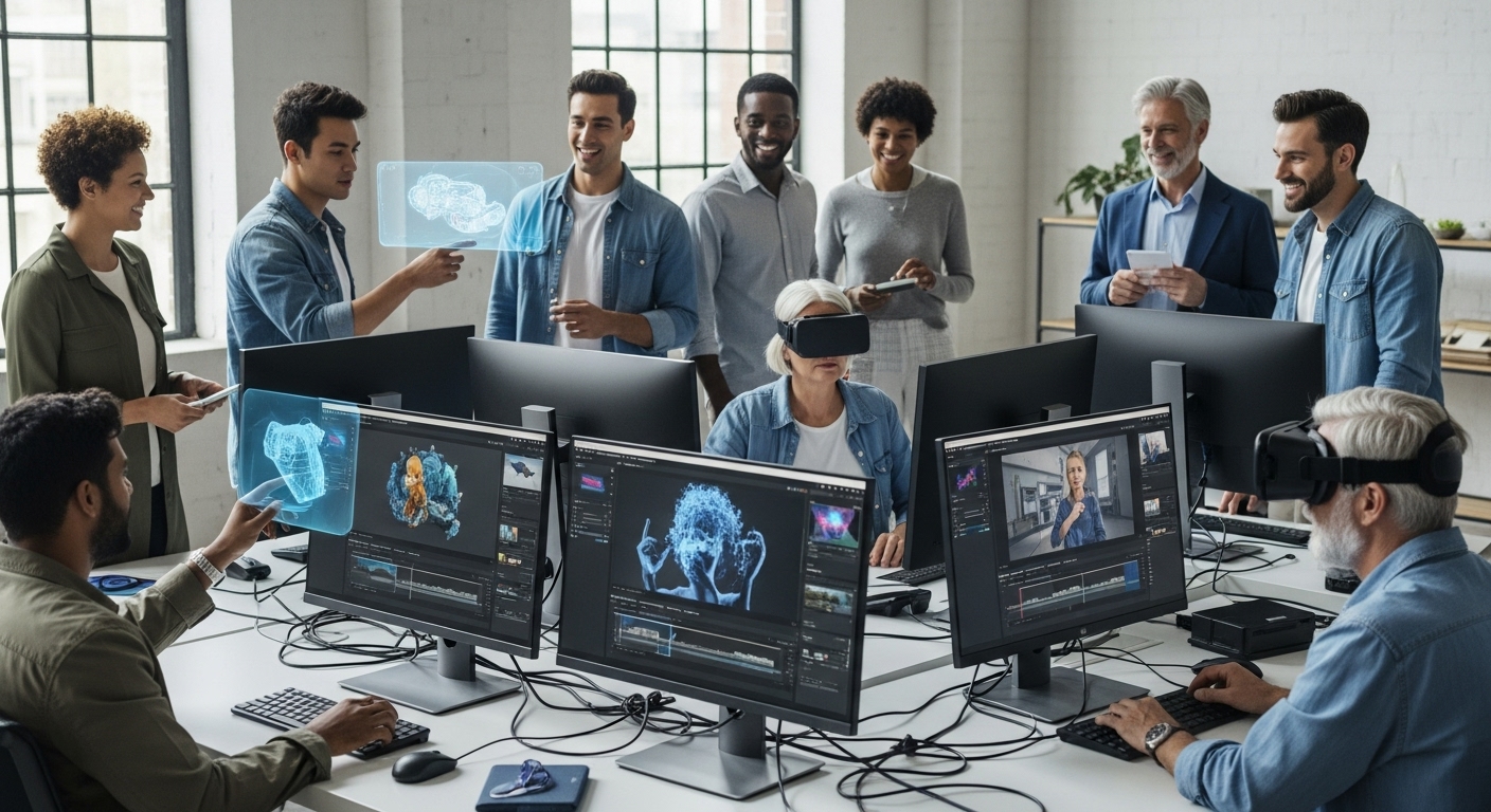 다양한 연령과 직업의 사람들이 첨단 AI 생성 비디오 도구를 사용하여 쉽고 빠르게 고품질 비디오를 만드는 현대적인 장면