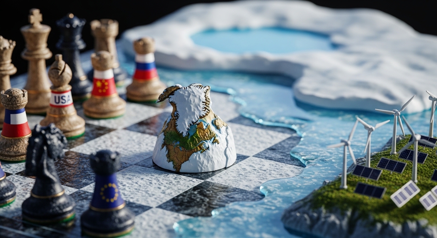그린란드가 중심에 놓인 상징적인 체스판 주위에 주요 강대국을 나타내는 체스 말들이 있고, 배경에는 녹는 얼음과 지속 가능한 에너지 솔루션이 있어 미래의 도전과 기회를 암시하는 모습.
