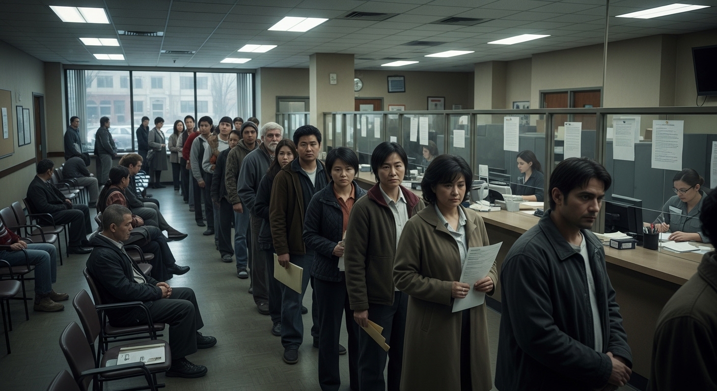 글로벌 경제 침체와 실업을 나타내는 실업수당 신청 대기 줄에 선 사람들