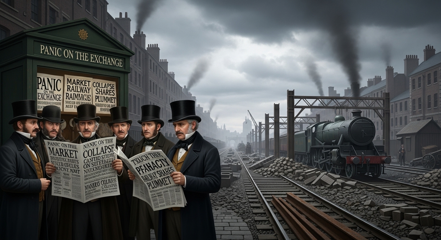 19세기 영국 금융가에서 시장 붕괴 헤드라인을 읽는 걱정스러운 투자자들의 침울한 모습 흐린 하늘 아래 부분적으로 건설되거나 버려진 철도 노선들이 경제 침체와 깨진 꿈을 상징합니다
