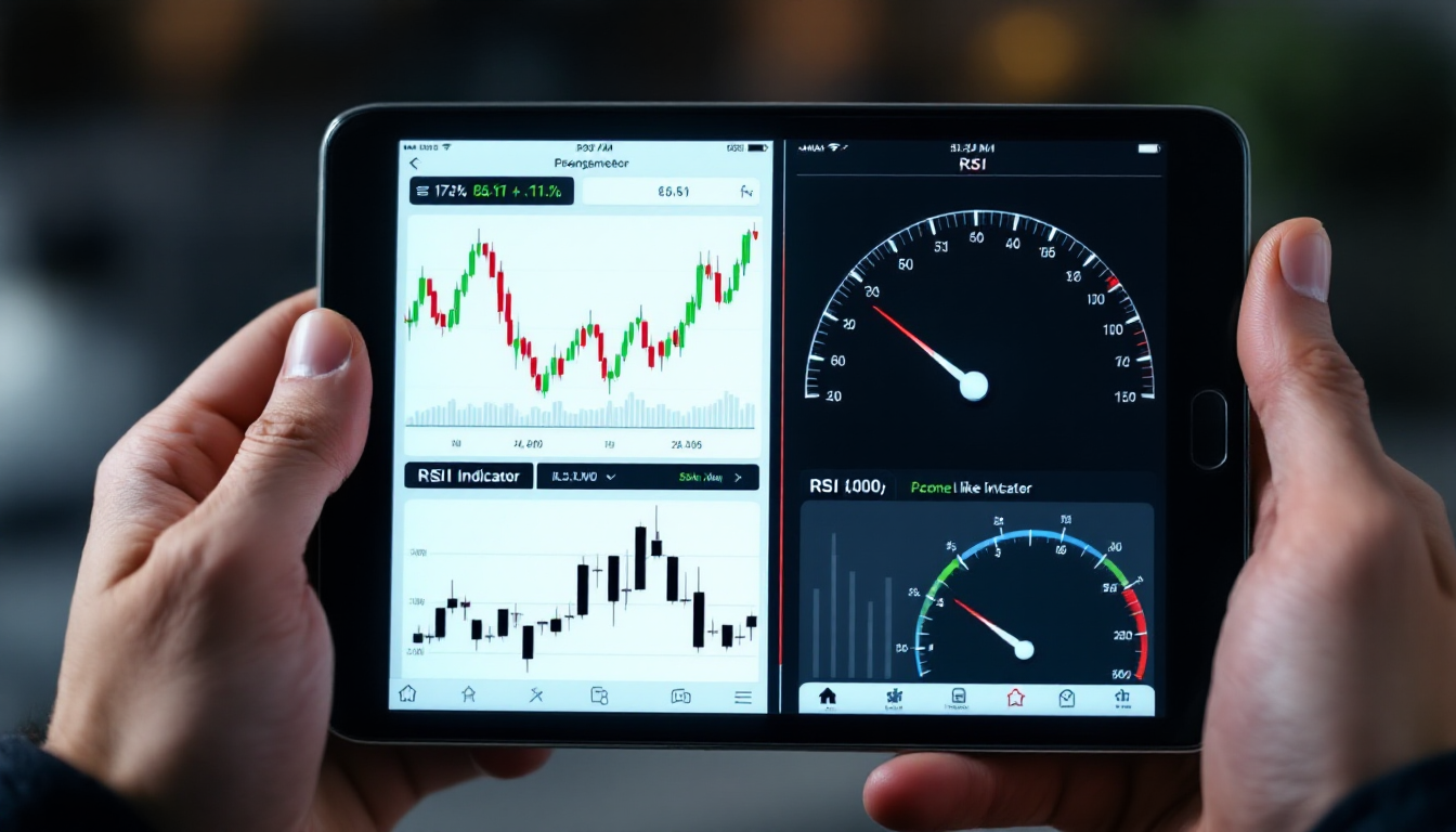 투자자가 스마트폰으로 이동평균선과 RSI 지표를 동시에 비교하며 분석하는 모습