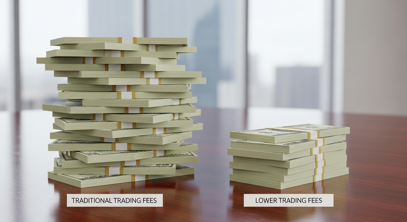 낮은 수수료로 인한 비용 절감을 상징하는 동전 더미