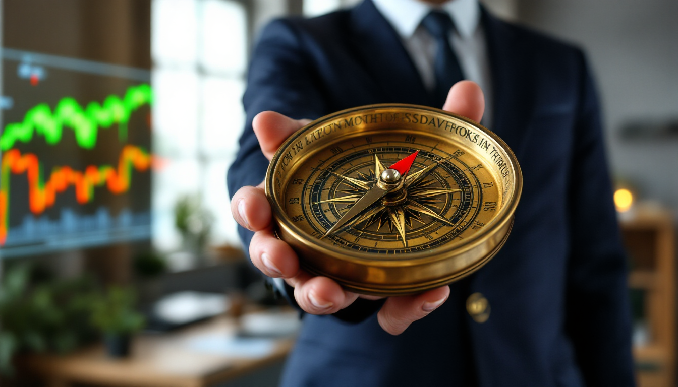 주식 시장의 복잡한 흐름 속에서 나침반을 들고 길을 찾는 투자자의 모습