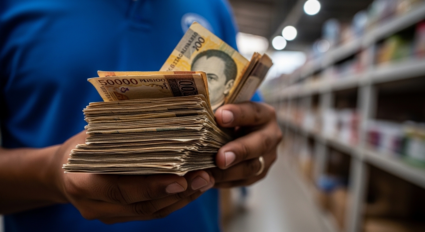 가치 없는 볼리바르 지폐 뭉치를 들고 있는 사람과 텅 빈 시장 배경으로 베네수엘라의 초인플레이션을 묘사한 고화질 실사 이미지