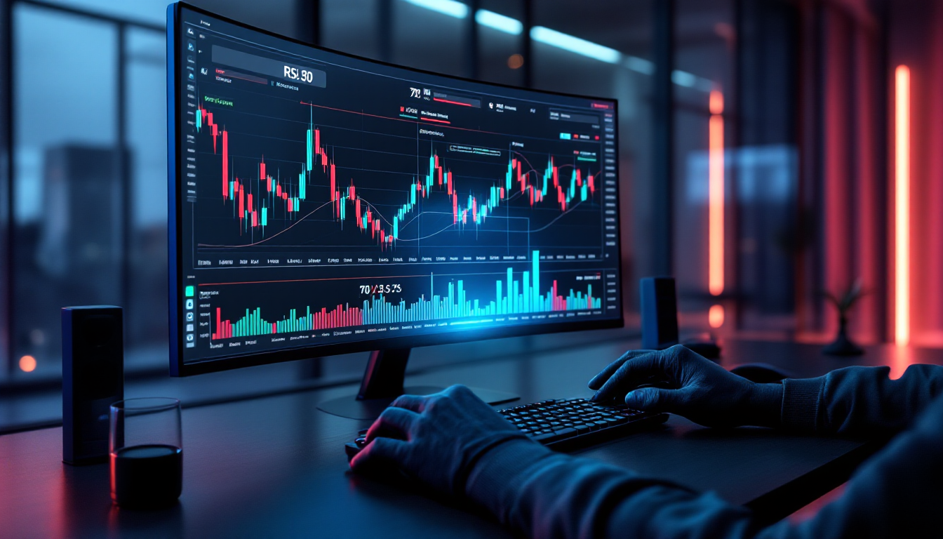 여러 보조지표들이 통합된 복잡한 금융 대시보드를 통해 투자 전략을 수립하는 모습