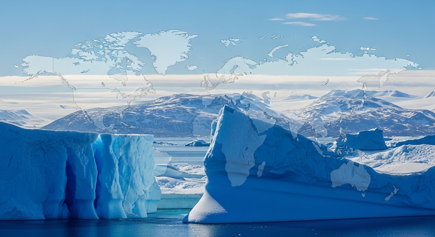 푸른 하늘 아래 광활한 그린란드의 얼음 풍경과 빙산, 그리고 북극 지역이 강조된 세계 지도가 겹쳐져 있는 모습으로, 지정학적 중요성을 나타냄.