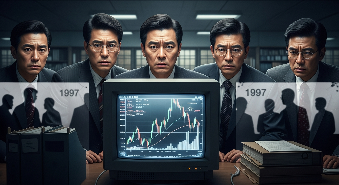 1997년 외환위기 당시의 대한민국. 심각한 표정의 사업가들이 폭락하는 주가 그래프를 바라보고 있다.