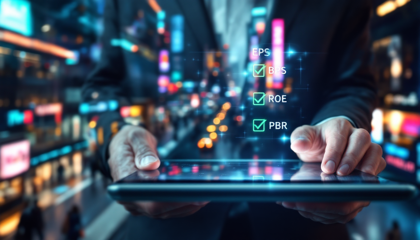 투자자가 투자 체크리스트가 표시된 투명 태블릿을 들고 미래를 바라보는 모습