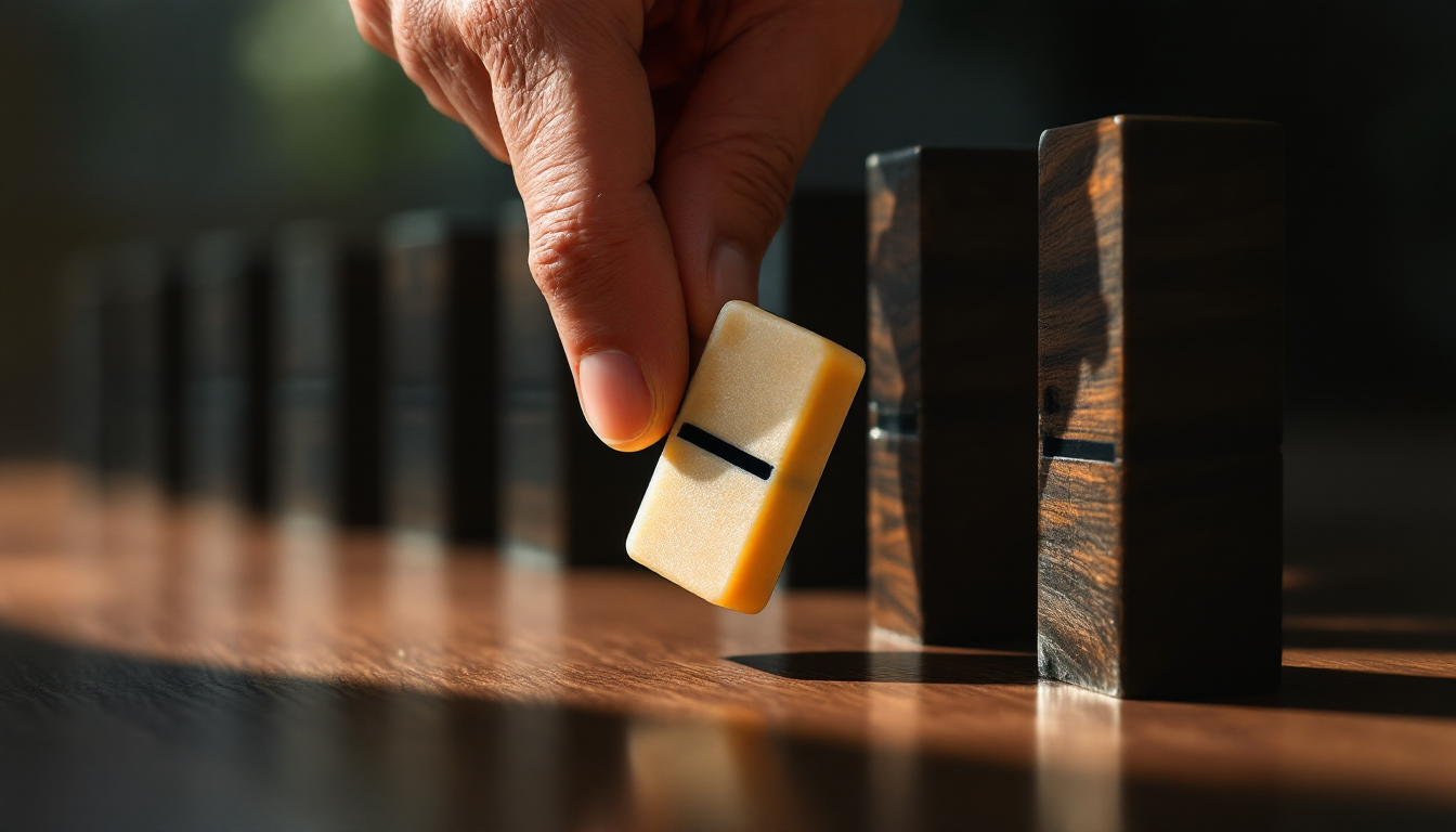 손이 작은 도미노가 큰 도미노들을 넘어뜨리는 것을 막는 모습 손실 방지 비유