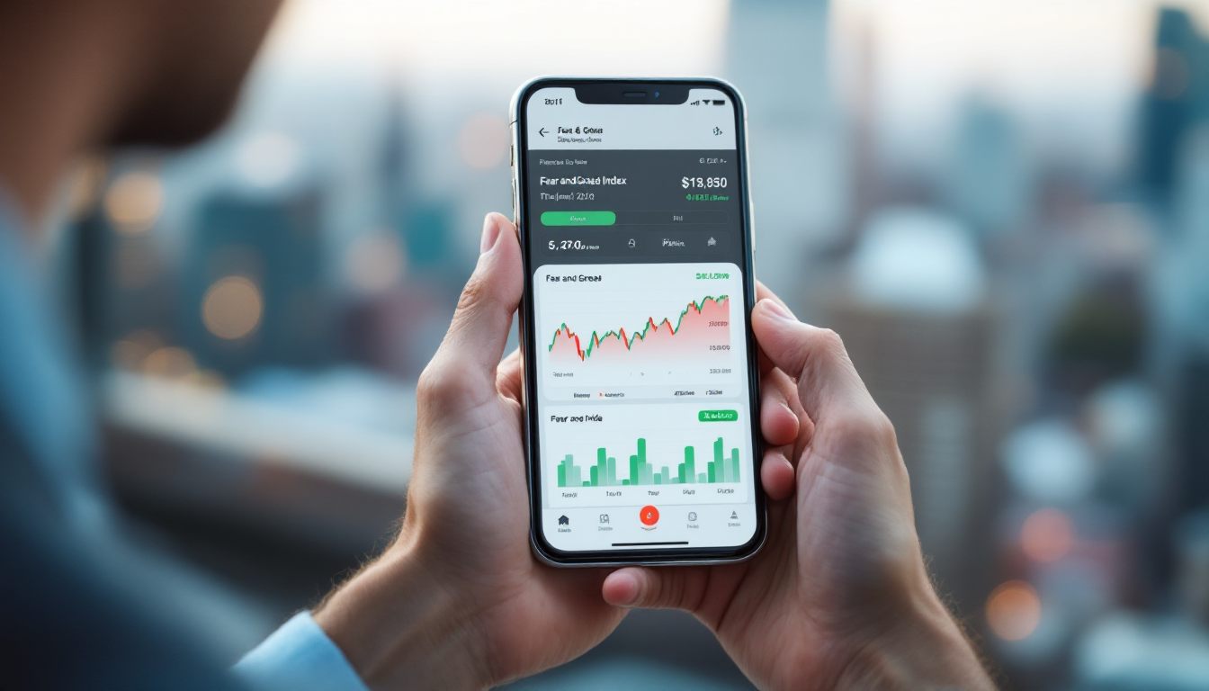 스마트폰 앱을 통해 실시간으로 공포 탐욕 지수를 확인하며 투자 정보를 얻는 모습을 보여주는 이미지.