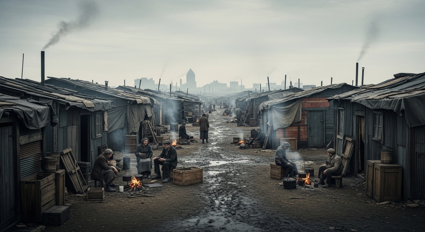 1930년대 미국 대공황 시기 도시 외곽에 형성된 빈민가 후버빌의 모습