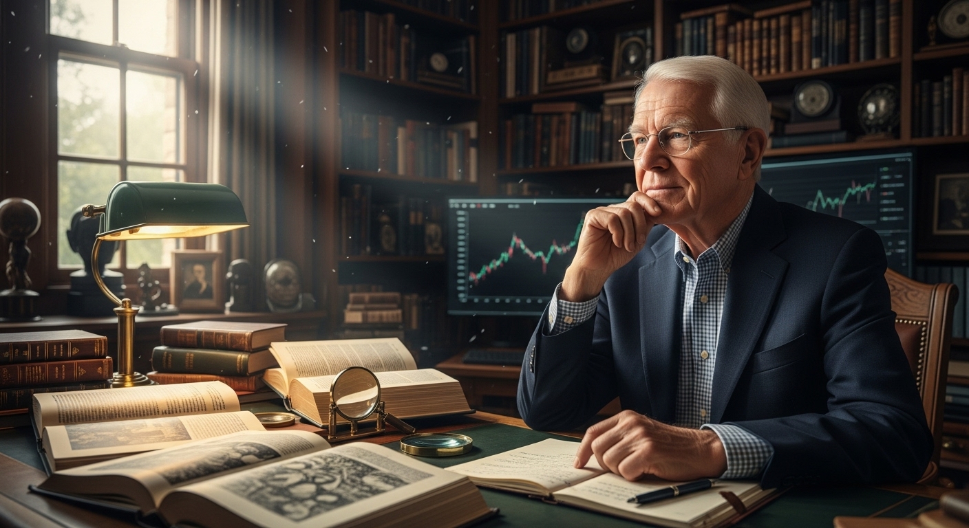 현인 찰리 멍거의 시대를 초월한 지혜와 투자 철학을 상징하는 이미지