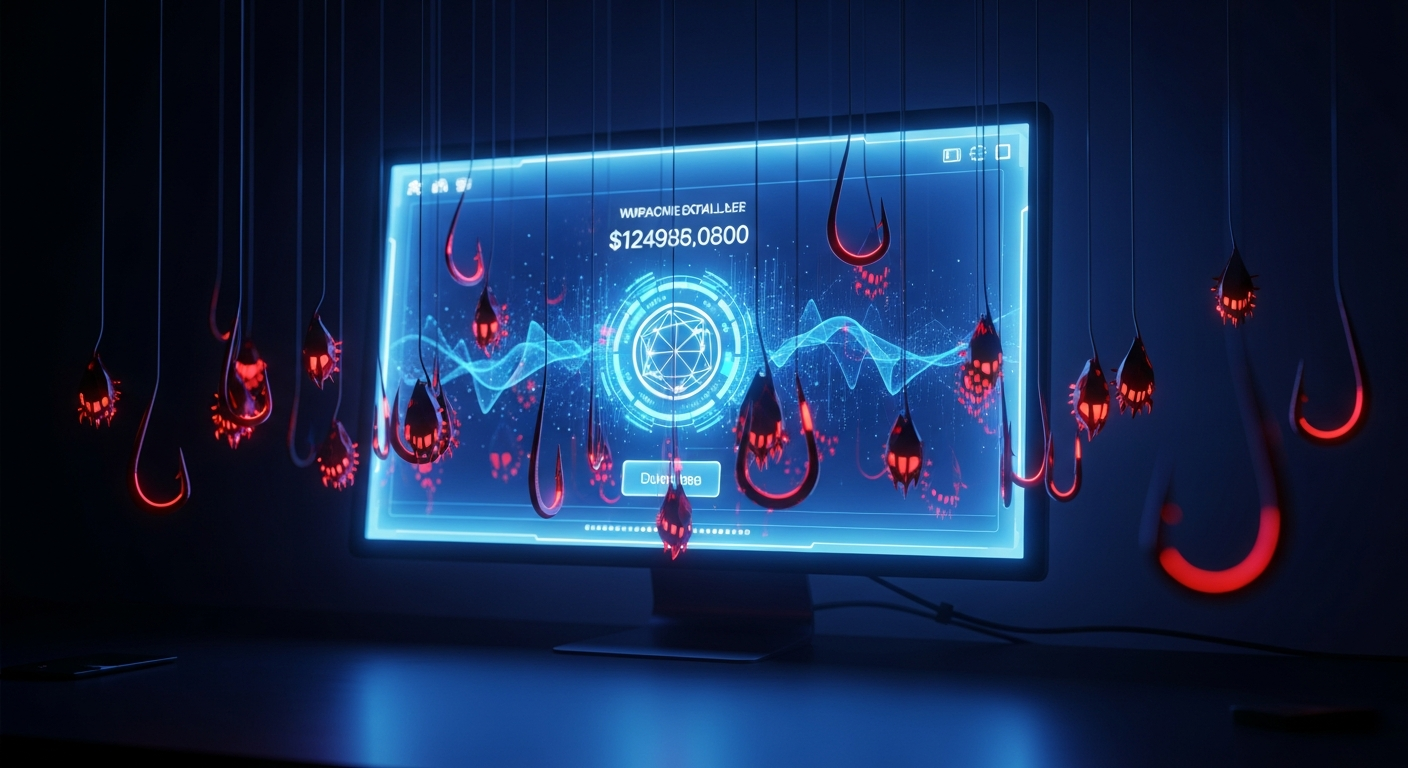 암호화폐 지갑을 노리는 다양한 사기 유형. 디지털 지갑을 향해 여러 개의 낚시 바늘이 드리워져 있다.