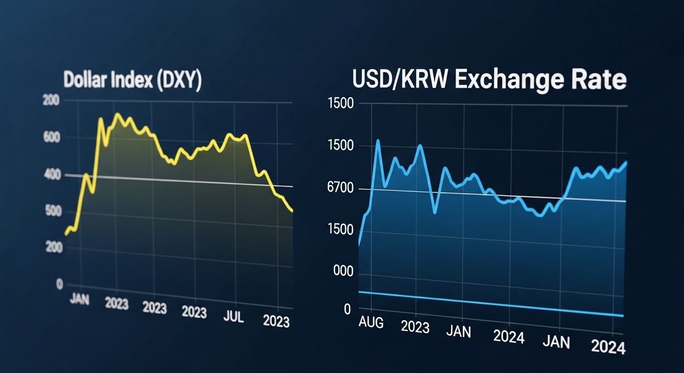 달러인덱스와 원달러 환율 그래프가 유사하게 움직이다가 디커플링되는 모습을 보여주는 이미지