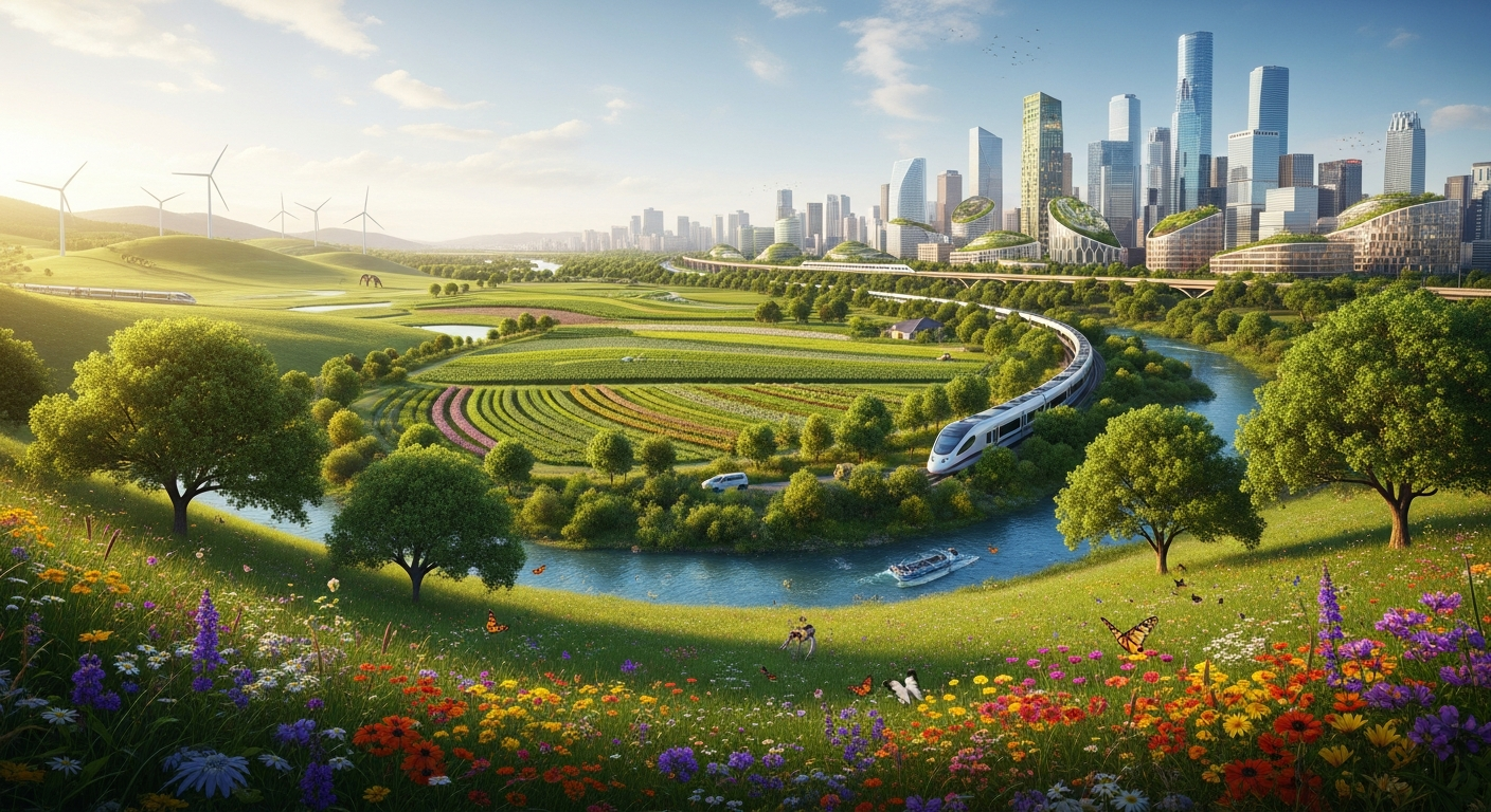 번성하는 자연 경관이 지속 가능한 현대 도시 스카이라인과 조화를 이루며 재정적 성장과 지속 가능한 미래를 상징하는 이미지