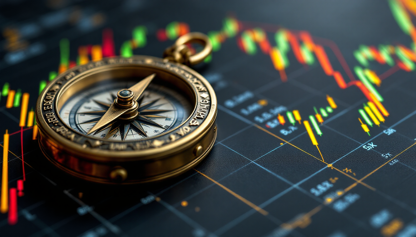 이동평균선이 표시된 주식 차트 위에 놓인 나침반으로 투자의 방향을 나타냄