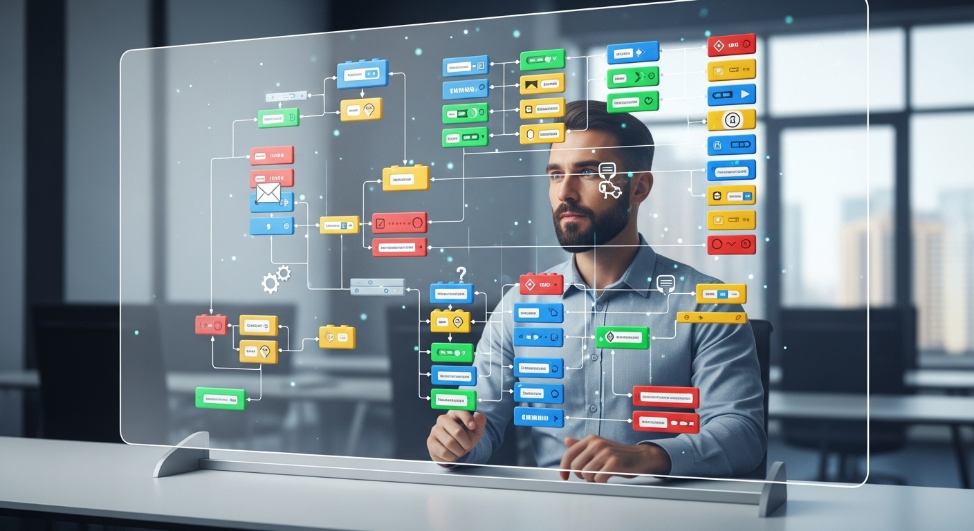 투명한 화면에 레고 블록처럼 연결된 복잡한 디지털 워크플로우 다이어그램을 집중해서 보는 전문가.