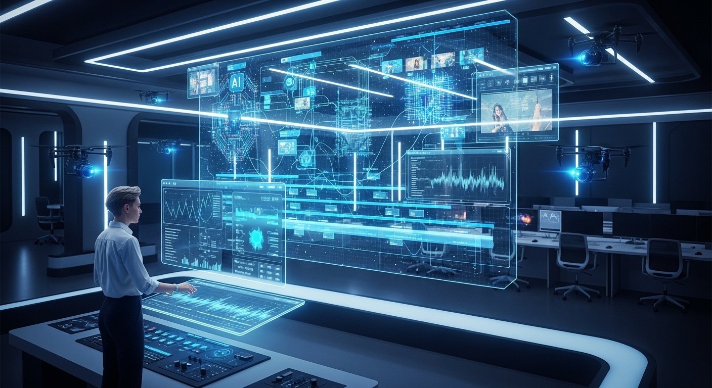 AI 기술이 영상 제작 과정을 혁신적으로 바꾸고 있는 미래형 영상 스튜디오의 모습