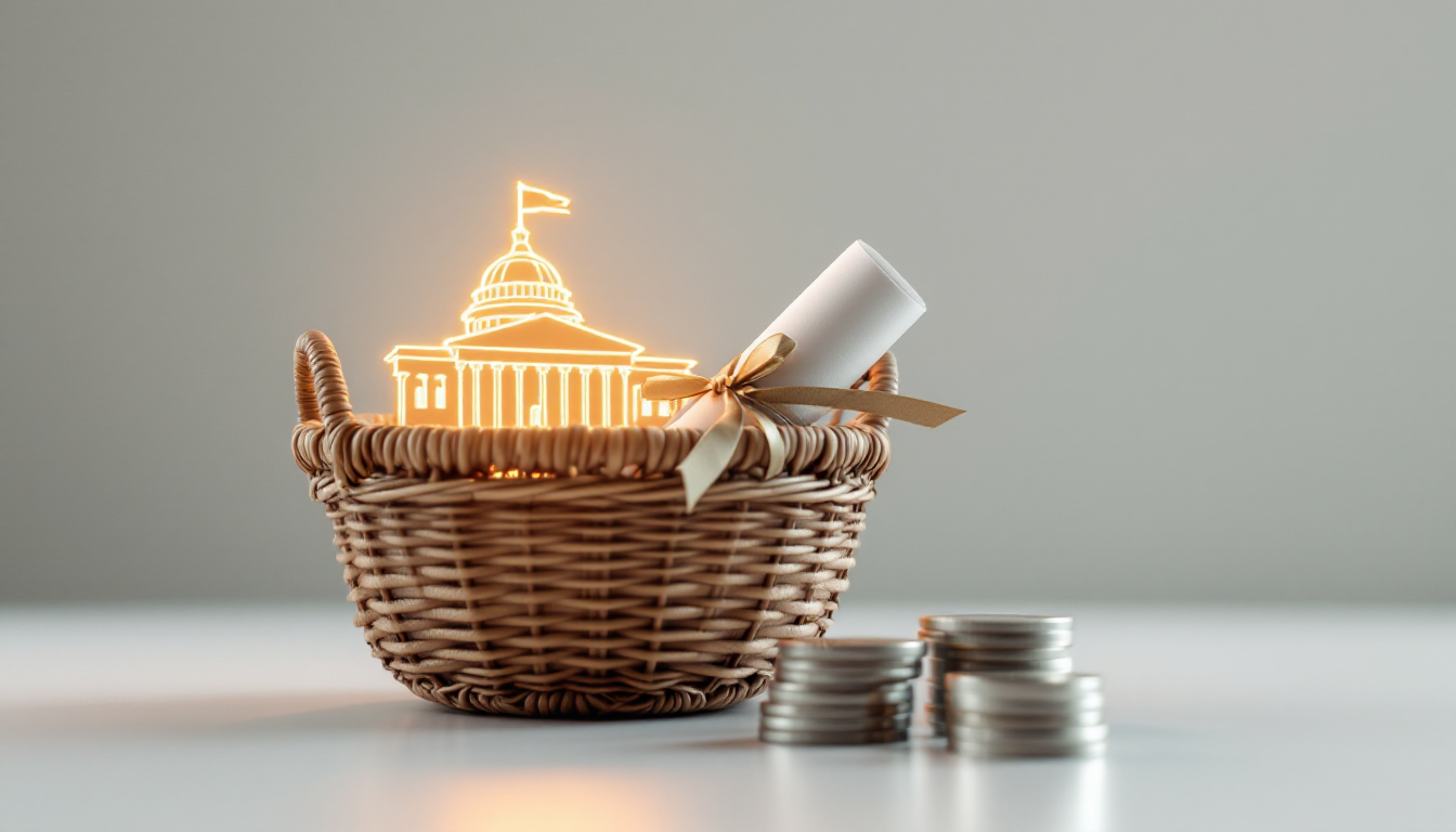 국공채, 우량 기업어음 등 안전 자산이 담겨 있는 금융 바구니의 모습으로 MMF의 안정적인 개념을 시각화.