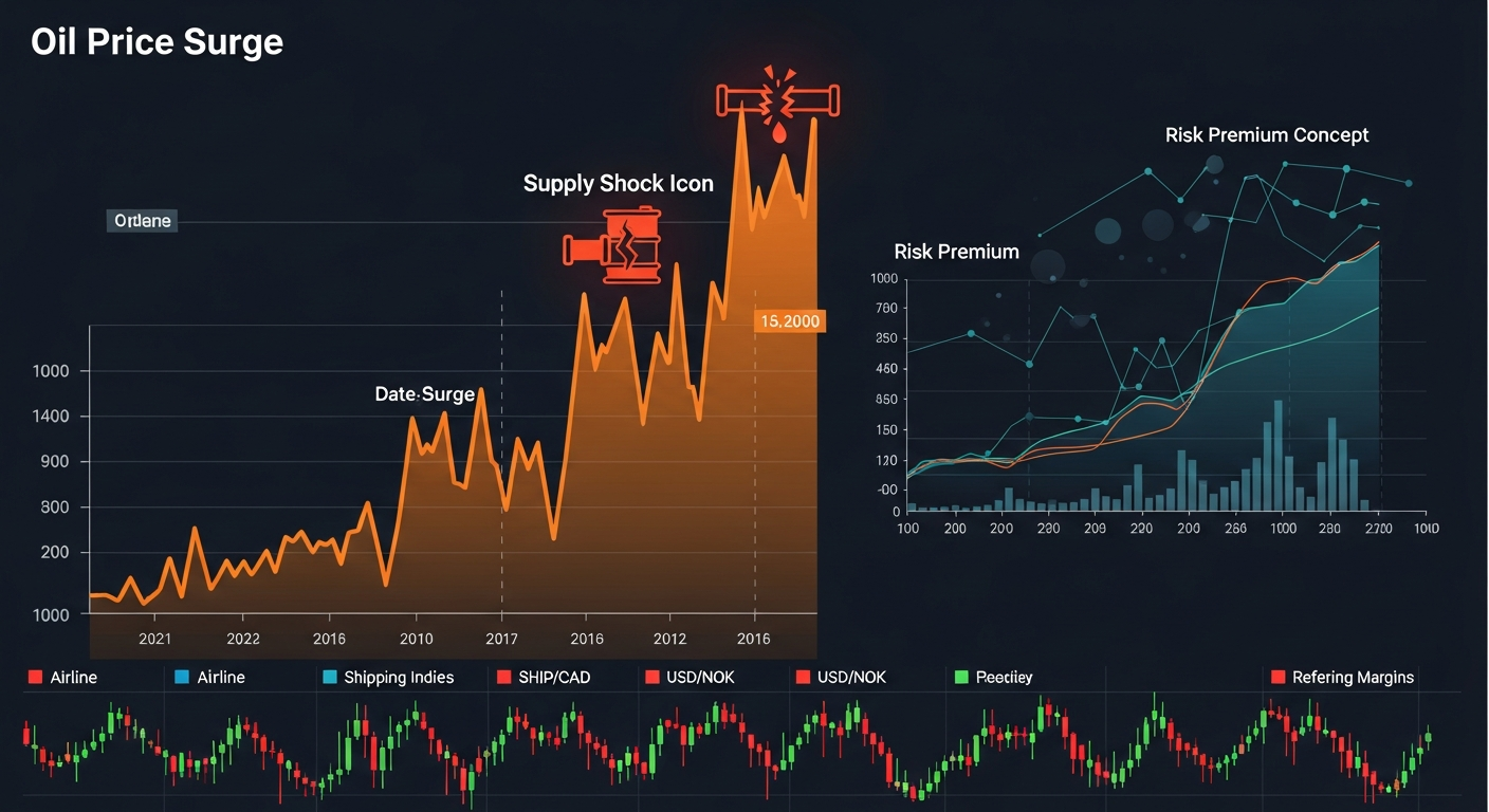 유가 상승 메커니즘을 나타내는 금융 시장 차트: 공급 충격과 위험 프리미엄의 시각화