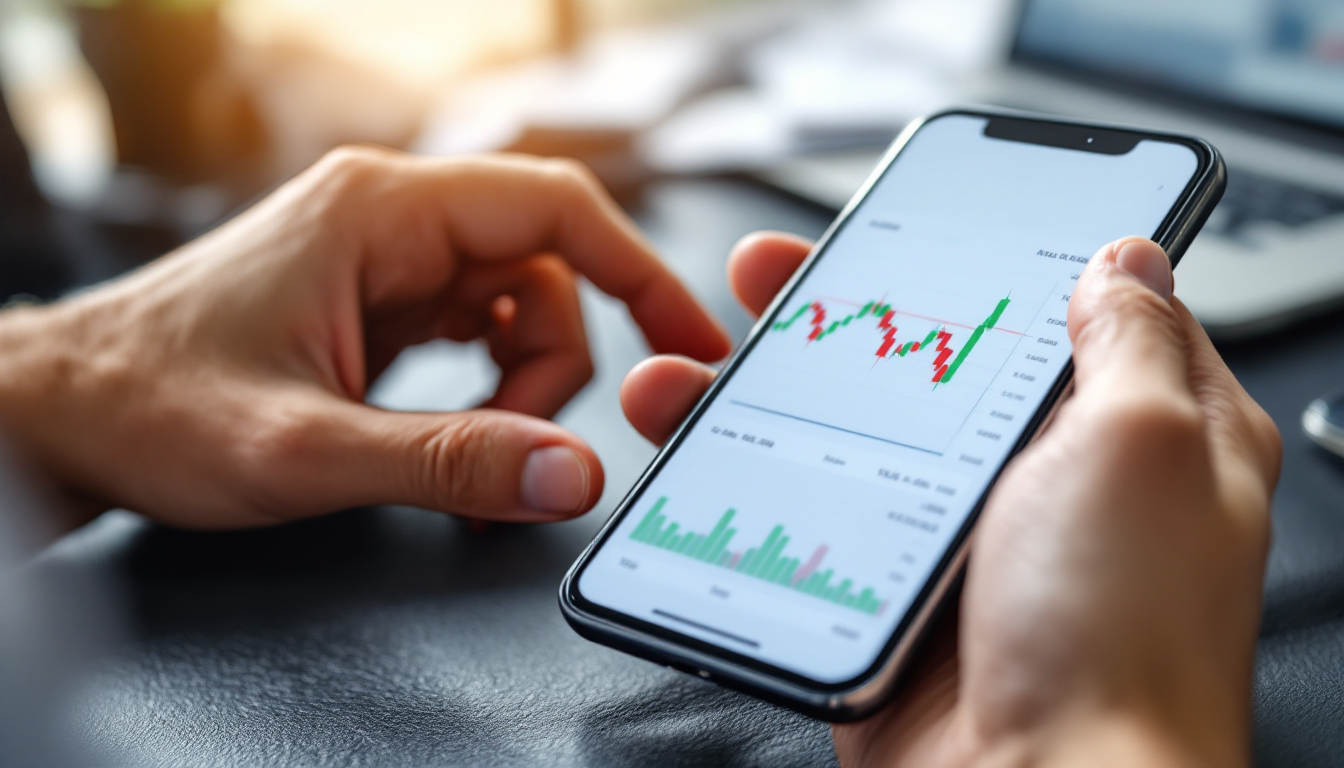 스마트폰으로 모바일 트레이딩 시스템 MTS를 조작하며 이동평균선과 거래량 지표가 설정된 주식 차트를 확인하는 손