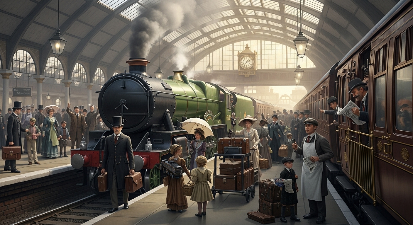 19세기 영국 철도역에서 증기기관차가 출발을 준비하는 활기찬 모습 새로운 기술과 경제 활동의 흥분을 보여줍니다