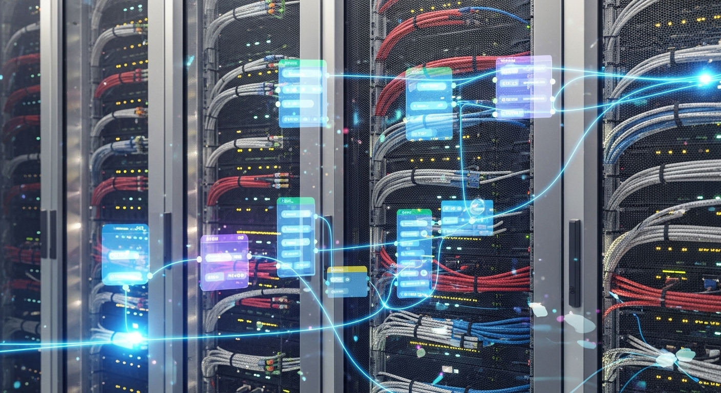 빛나는 서버 랙과 복잡한 네트워크 케이블이 있는 현대적인 데이터 센터 위에 노드 기반 프로그래밍 시각화가 겹쳐져 무한한 확장성을 암시하는 모습.