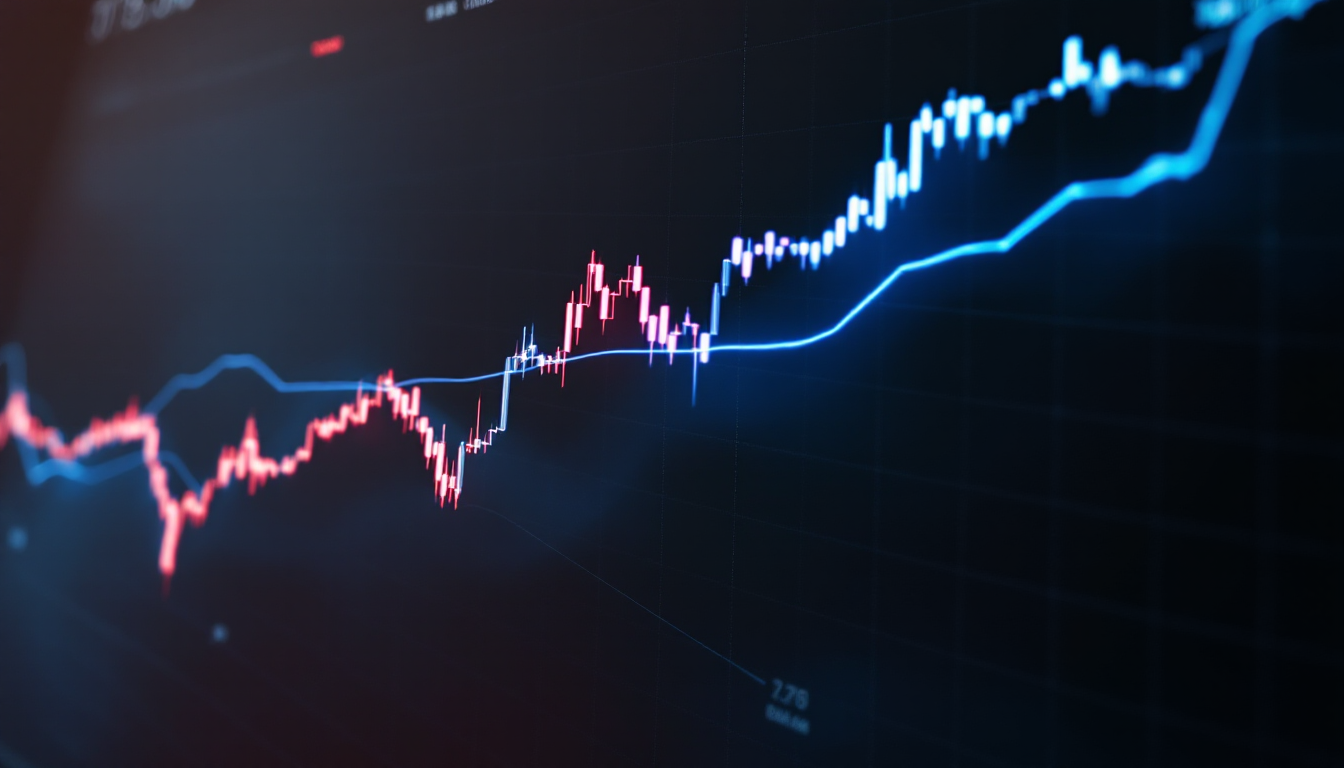 변동성이 큰 주가 움직임과 그 흐름을 부드럽게 보여주는 이동평균선이 함께 표시된 주식 차트