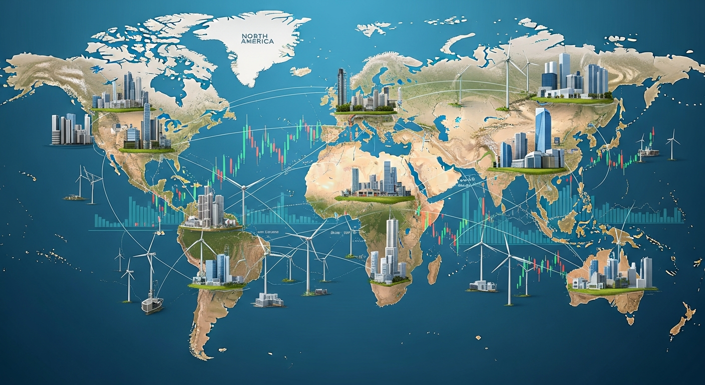 세계 지도 위에 주식 채권 부동산 재생에너지 등 다양한 투자 자산과 산업이 복잡하게 연결된 네트워크를 보여주는 이미지