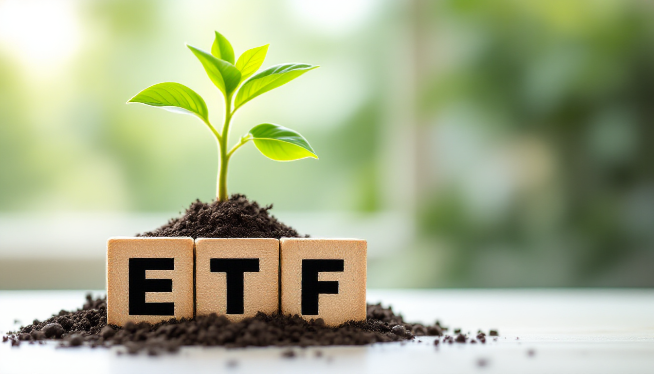 ETF라고 적힌 블록으로 단단히 쌓아 올린 금융 기반 위에 자산 성장을 상징하는 식물이 자라는 모습
