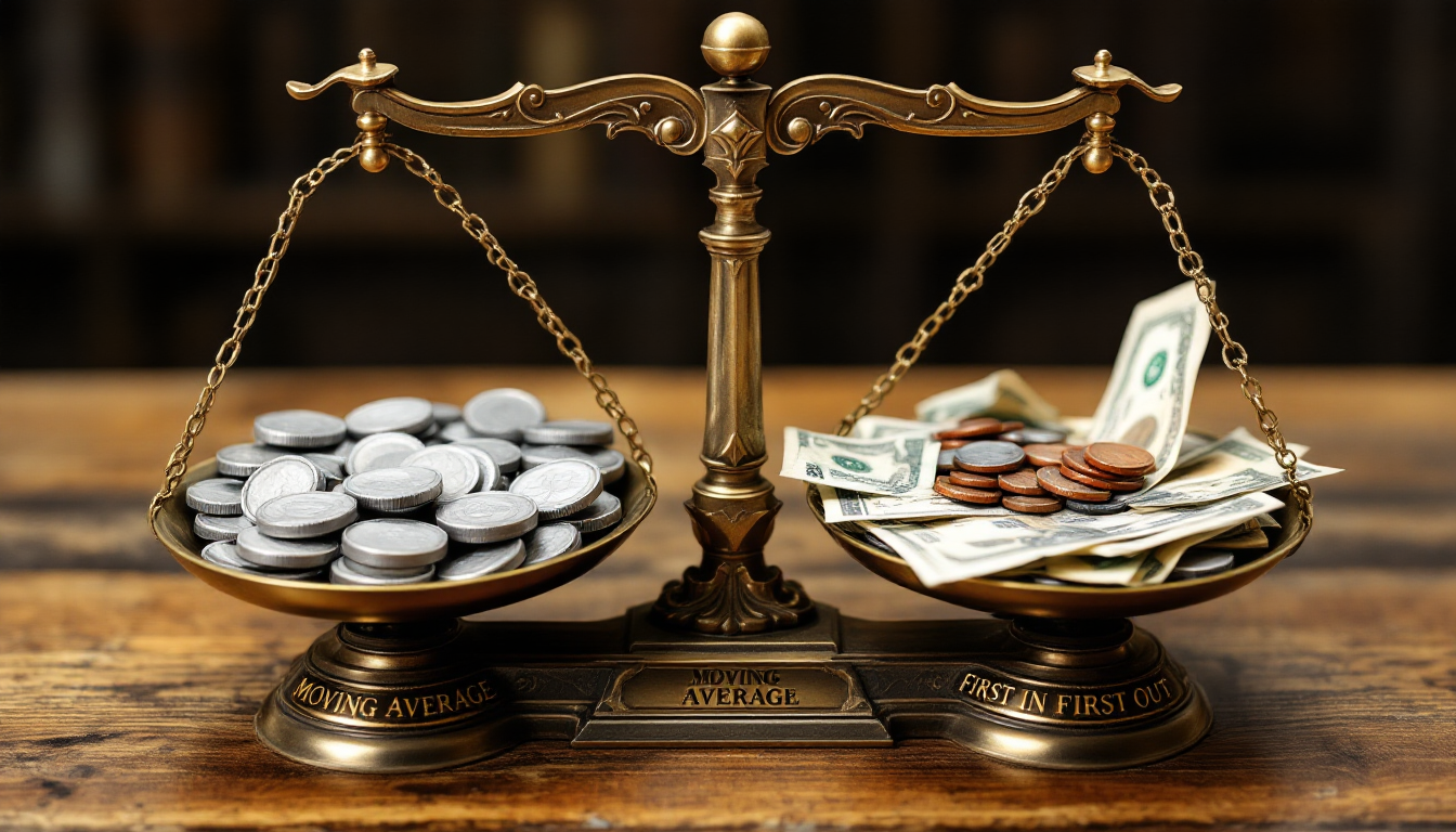 이동평균법과 선입선출법에 따른 세금 차이를 보여주는 저울