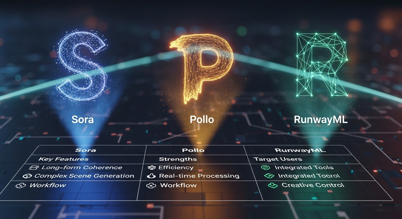 Sora Pollo AI 그리고 RunwayML을 나타내는 세 개의 뚜렷하게 빛나는 홀로그램 프로젝션이 현대적인 디지털 비교 차트 위에 떠 있어 AI 비디오 생성에서의 고유한 기능과 강점을 강조함