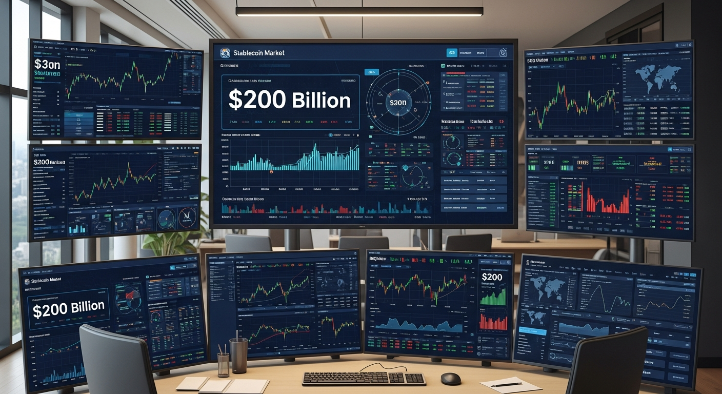 2,000억 달러 규모의 스테이블코인 시장을 나타내는 금융 데이터 시각화