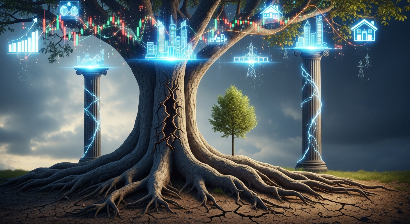 충격을 흡수하고 미래 세대를 키우며 자산을 다변화하는 튼튼한 나무를 통해 국부펀드의 세 가지 핵심 역할을 묘사한 이미지.