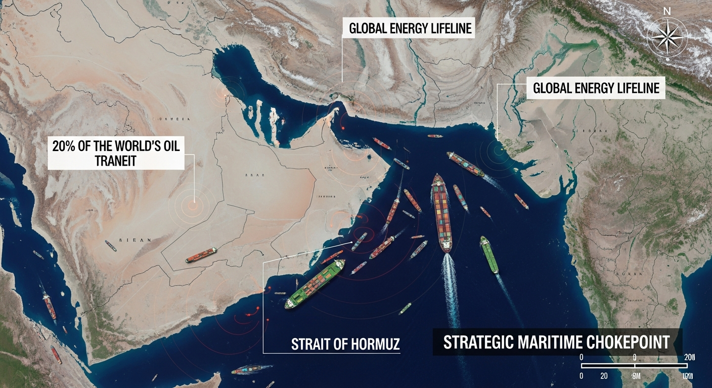 호르무즈 해협의 위성 사진: 이란과 오만 사이의 좁은 수로를 통과하는 유조선과 화물선들