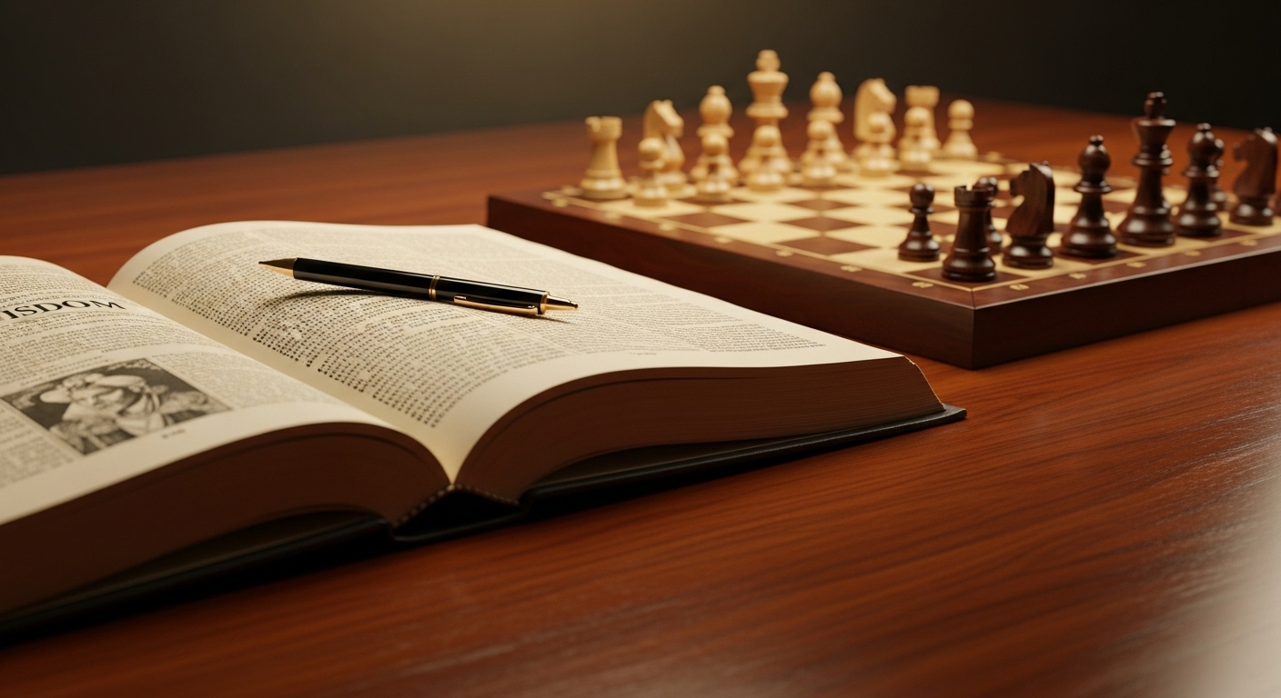 성공과 실패를 통해 얻은 투자 전략과 지혜를 상징하는 오래된 책과 체스판